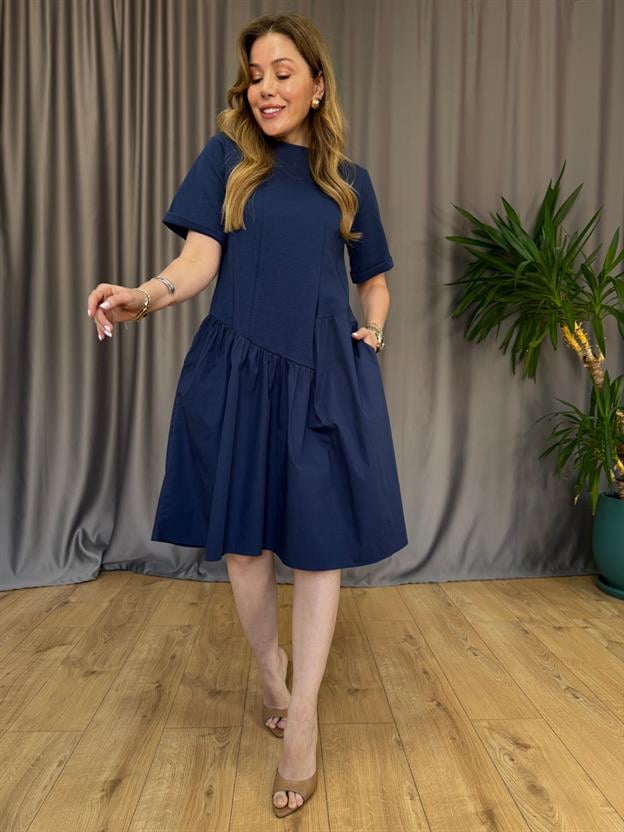 Lacivert Etek Ucu Poplin Elbise