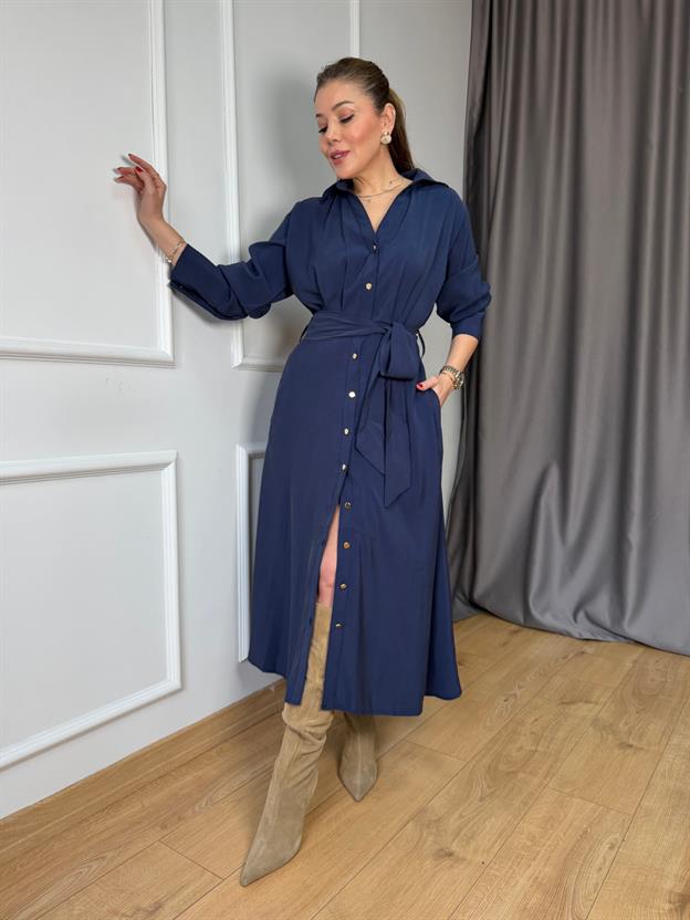 Lacivert Gold Düğmeli Kuşaklı Elbise
