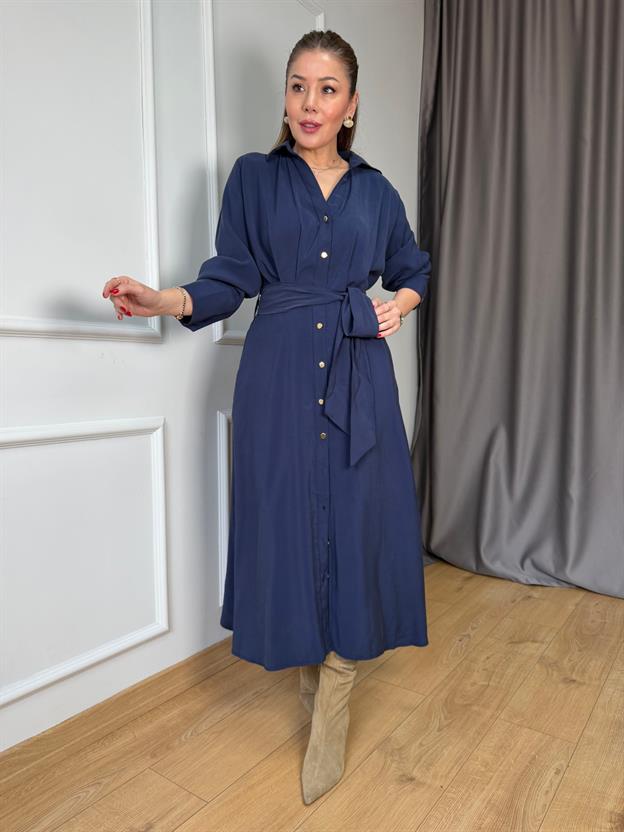 Lacivert Gold Düğmeli Kuşaklı Elbise