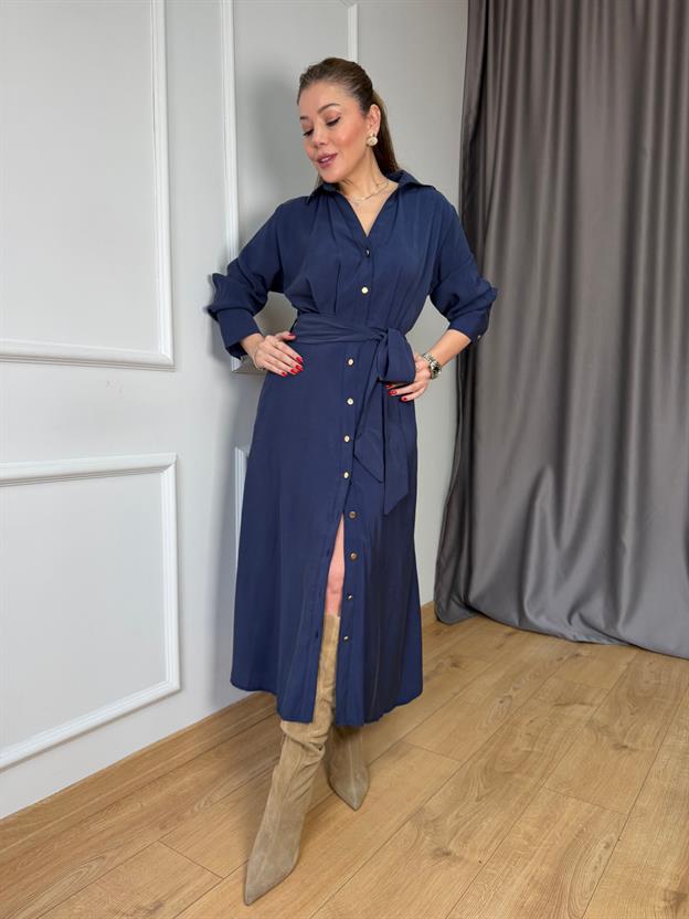Lacivert Gold Düğmeli Kuşaklı Elbise