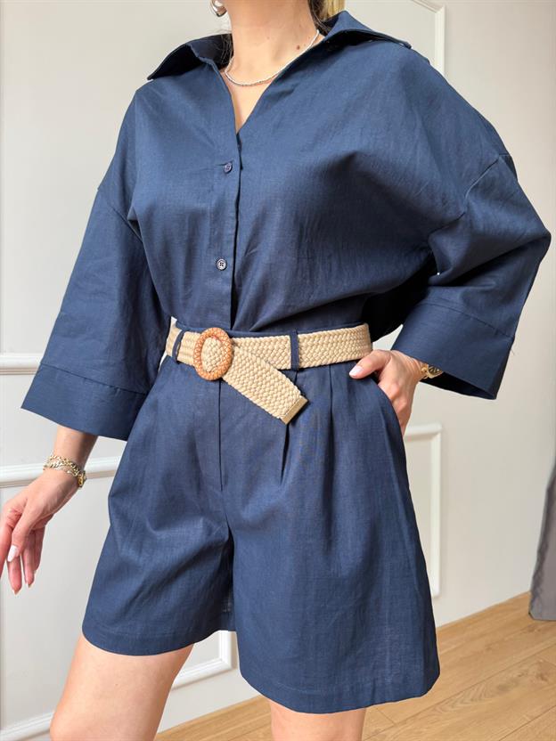 Lacivert Hasır Örgü Kemerli Takım