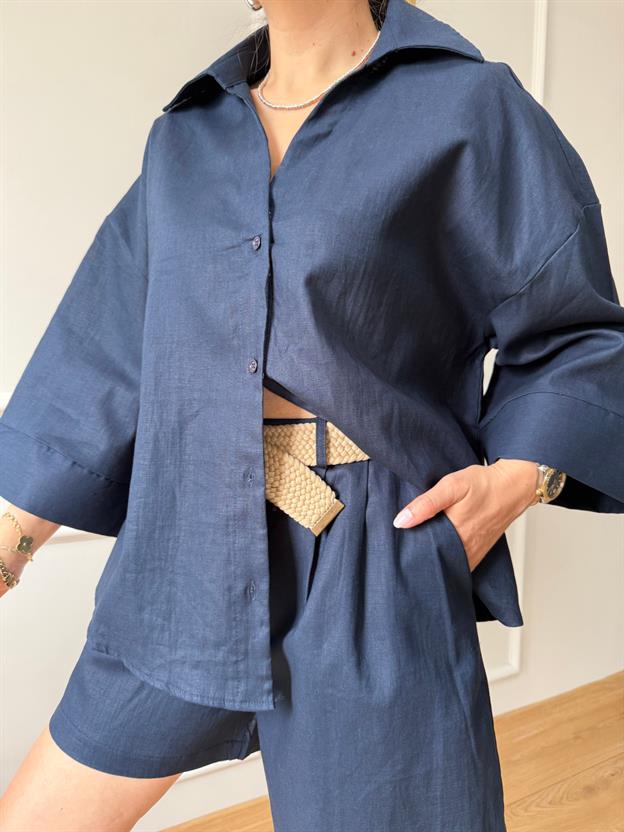 Lacivert Hasır Örgü Kemerli Takım