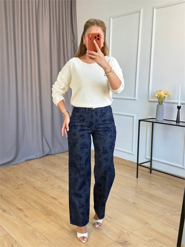 Lacivert Kadife Detaylı Jean