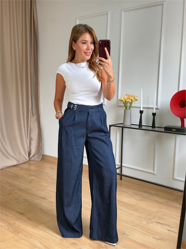 Lacivert Kemer Detaylı Denim Jean