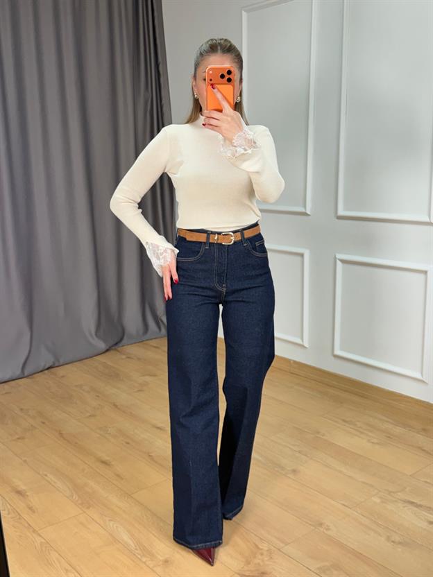 Lacivert Kemerli Ütülü Straight Jean