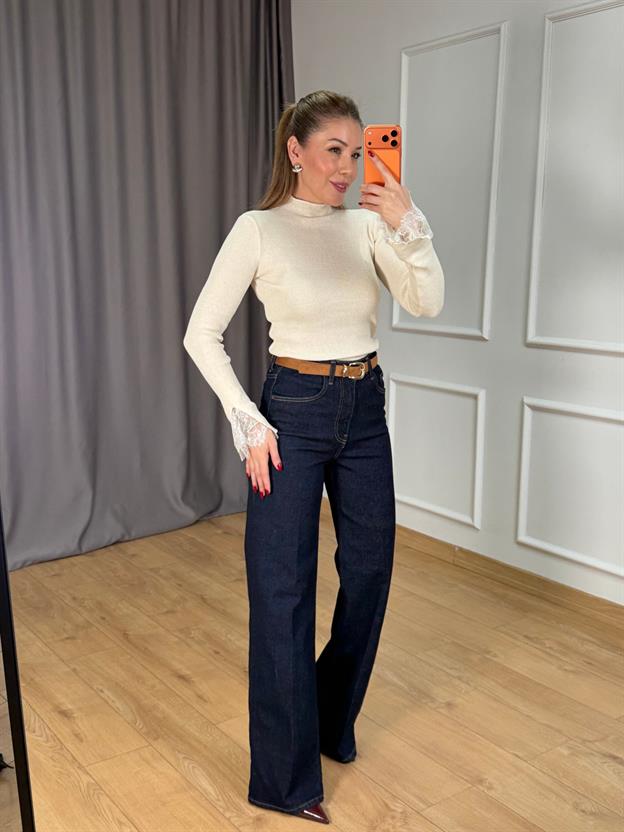 Lacivert Kemerli Ütülü Straight Jean