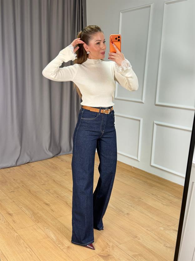 Lacivert Kemerli Ütülü Straight Jean