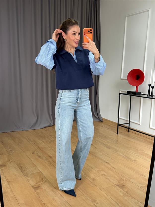 Lacivert Kolu Çizgili Polo Yaka Sweatshirt