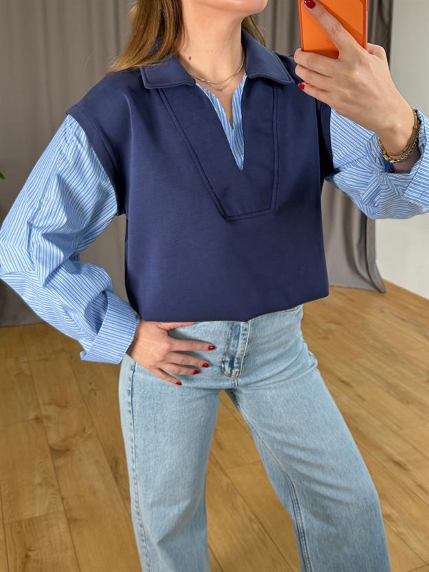 Lacivert Kolu Çizgili Polo Yaka Sweatshirt