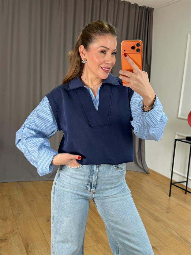 Lacivert Kolu Çizgili Polo Yaka Sweatshirt