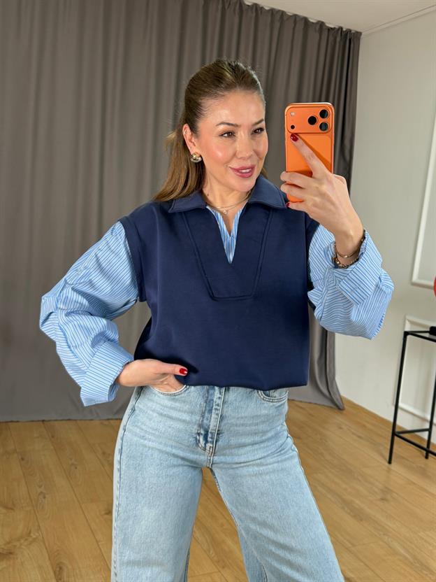 Lacivert Kolu Çizgili Polo Yaka Sweatshirt