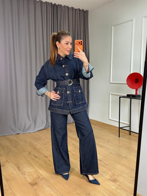 Lacivert Kuşaklı Jean Ceket