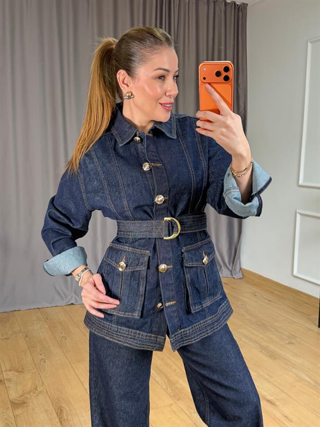 Lacivert Kuşaklı Jean Ceket
