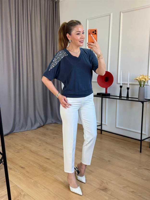 Lacivert Omuz Taşlı Modal Bluz