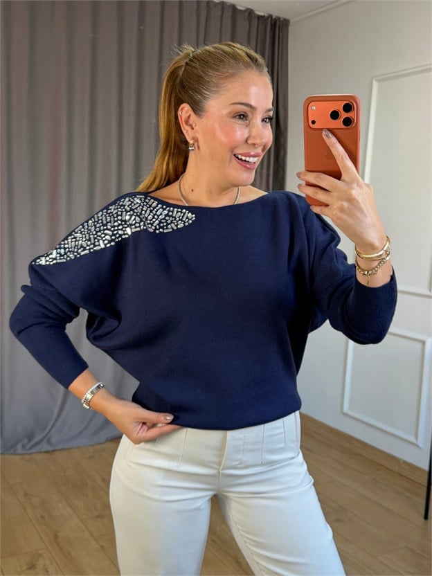 Lacivert Omuz Taşlı Triko