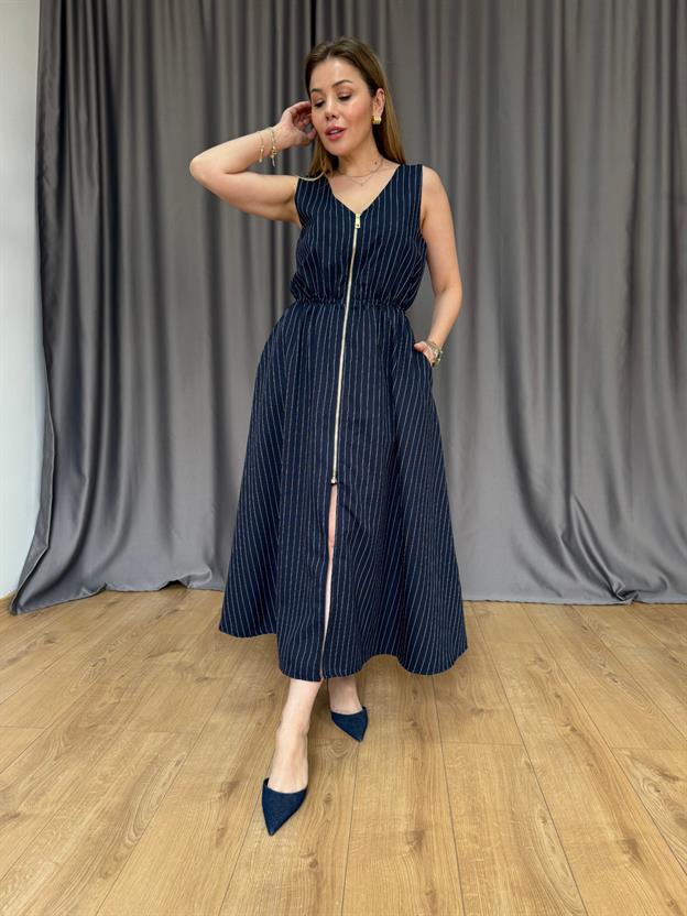 Lacivert  Önü Fermuarlı Elbise 