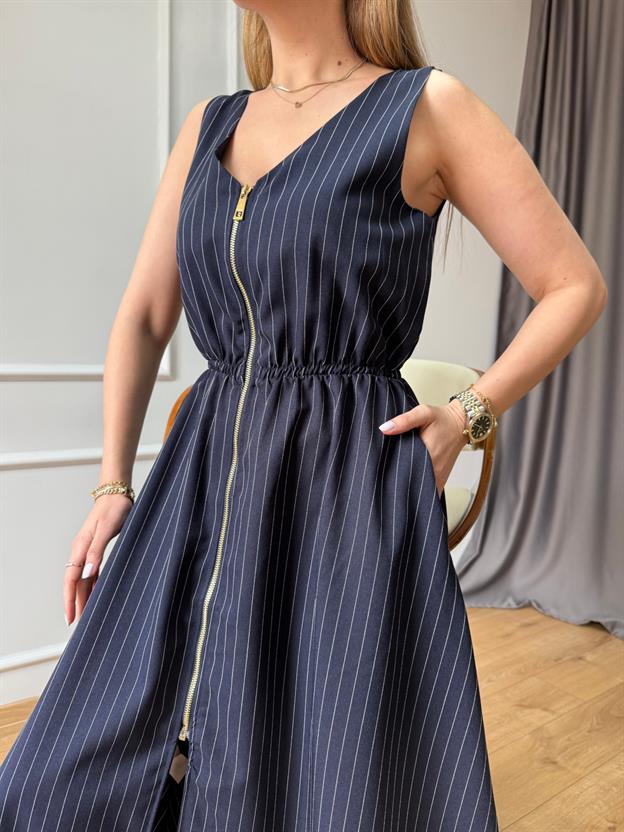 Lacivert  Önü Fermuarlı Elbise 