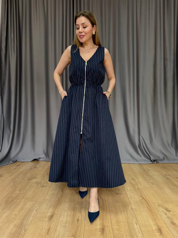 Lacivert  Önü Fermuarlı Elbise 