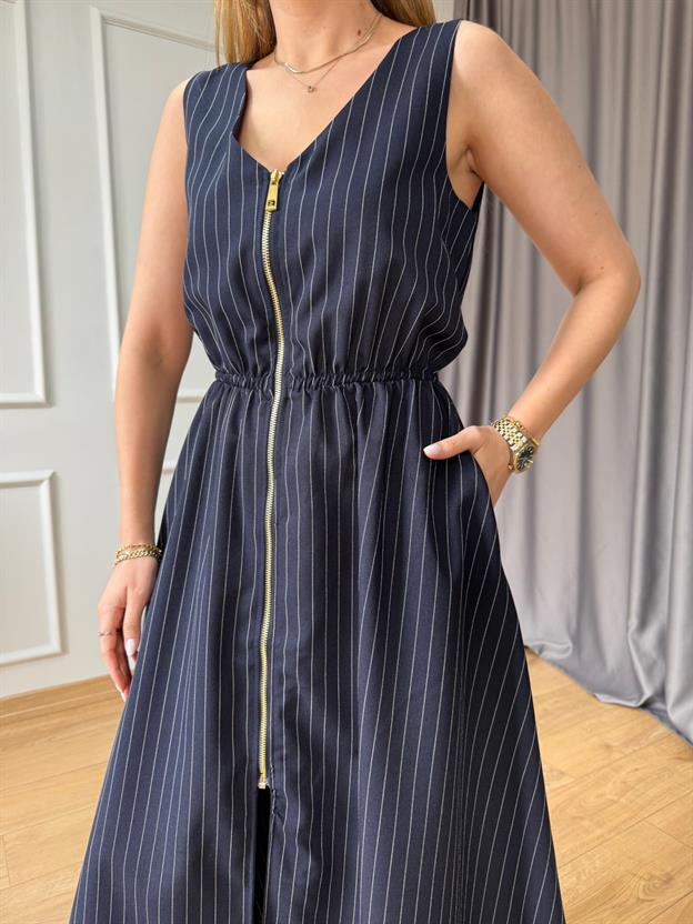 Lacivert  Önü Fermuarlı Elbise 