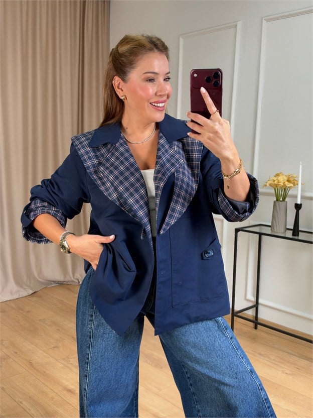 Lacivert Petikare Detaylı Blazer Ceket