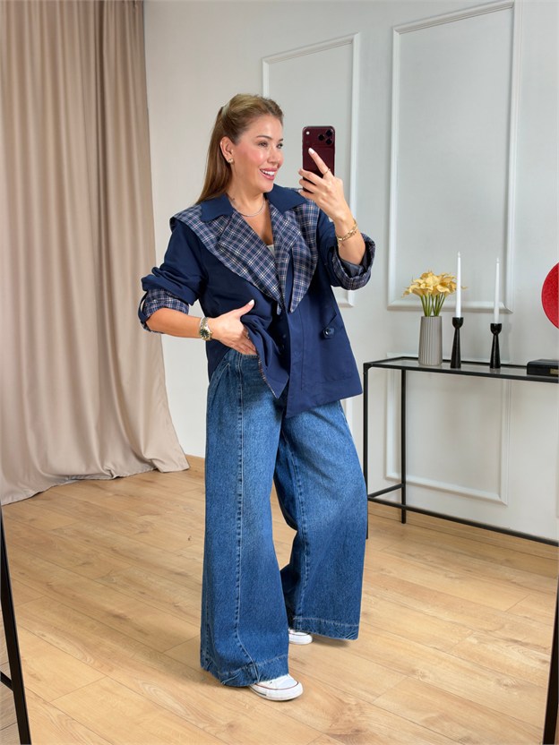 Lacivert Petikare Detaylı Blazer Ceket