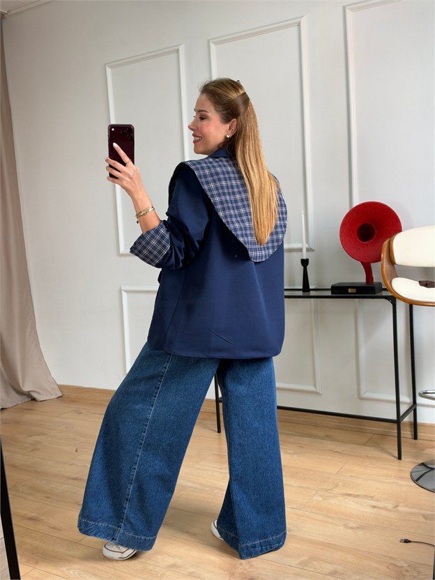 Lacivert Petikare Detaylı Blazer Ceket