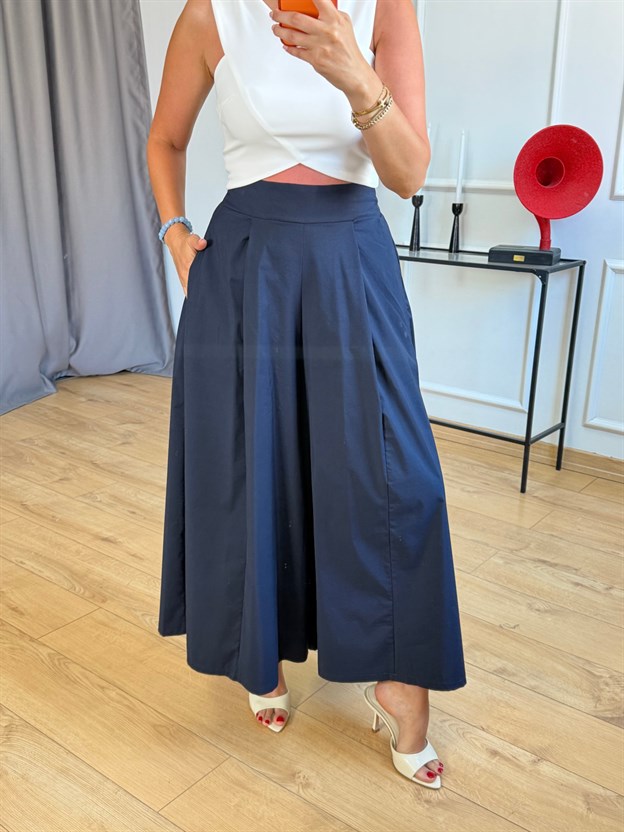 Lacivert Pileli Beli Lastikli Pantolon
