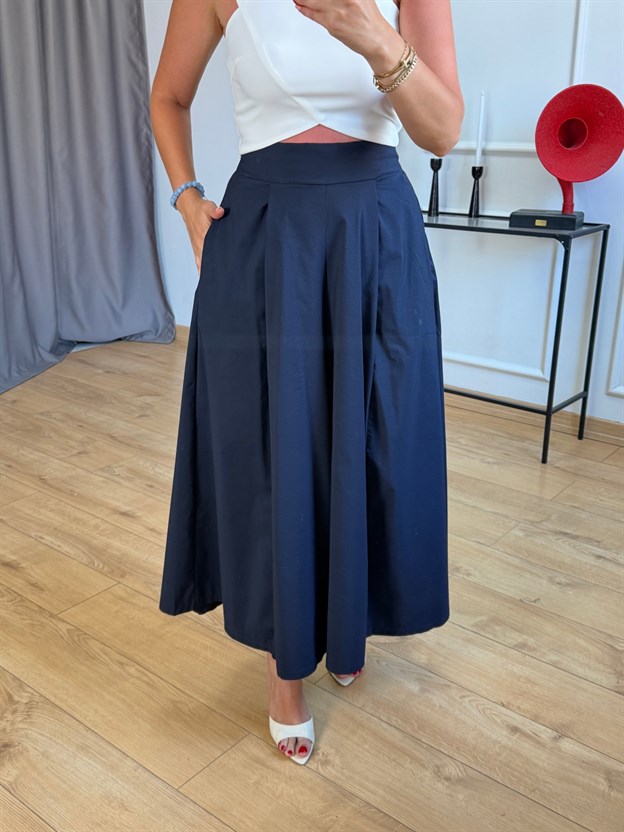 Lacivert Pileli Beli Lastikli Pantolon