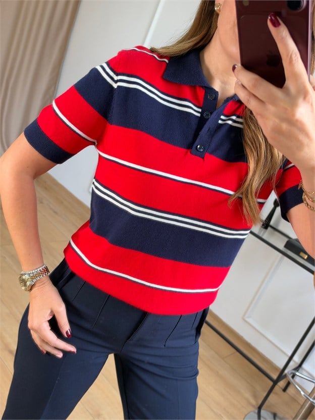 Lacivert Polo Yaka Elitli Kısa Kol Triko