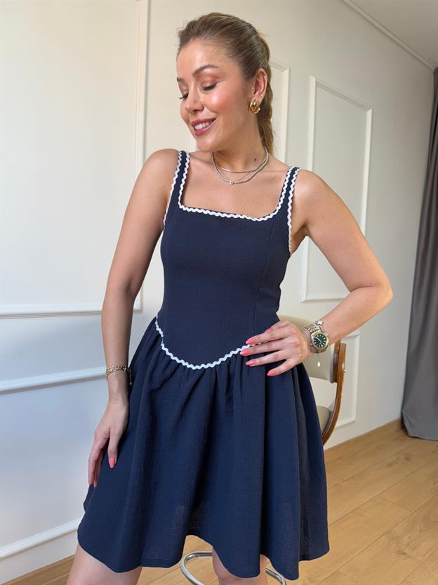 Lacivert Şeritli Elbise