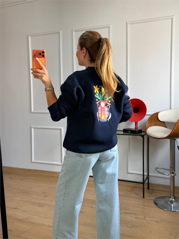 Lacivert Sırt Baskılı Sweatshirt