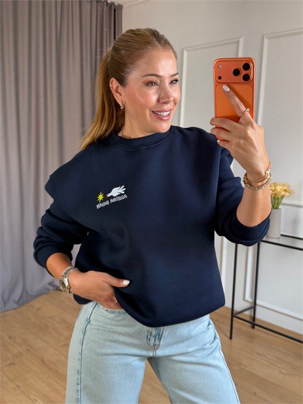 Lacivert Sırt Baskılı Sweatshirt