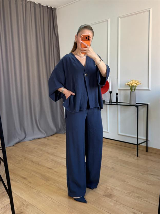 Lacivert Yan Yırtmaçlı Kimono Takım