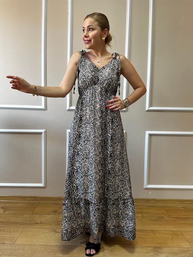 Leopar Desen Omuz Bağlamalı Elbise