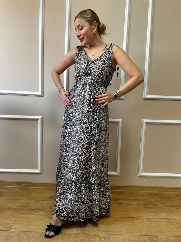 Leopar Desen Omuz Bağlamalı Elbise