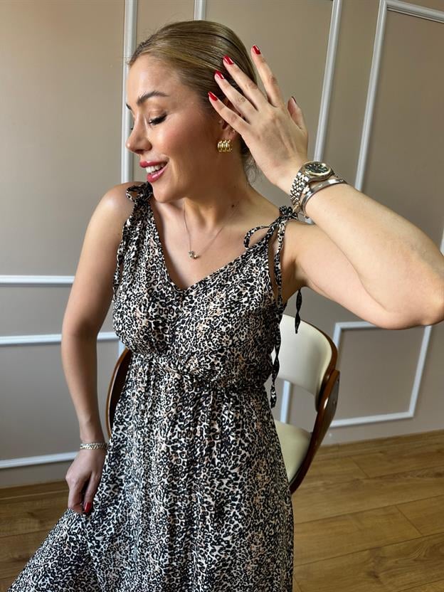 Leopar Desen Omuz Bağlamalı Elbise