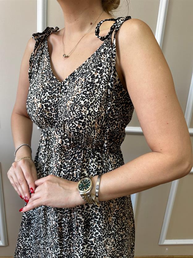 Leopar Desen Omuz Bağlamalı Elbise