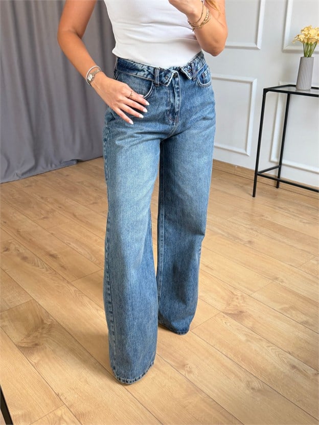 Mavi Bel Katlama Detaylı Jean