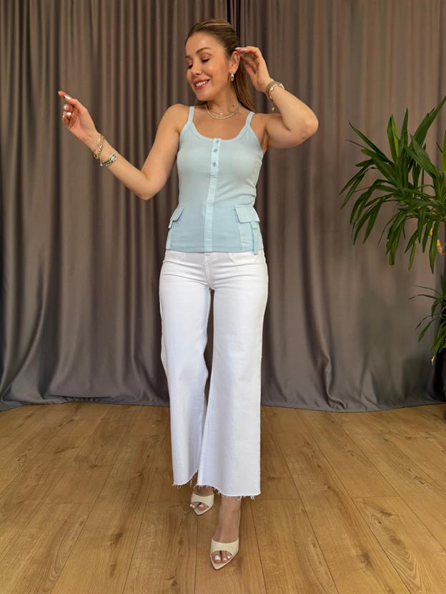 Mavi Cep Detaylı Askılı Bluz