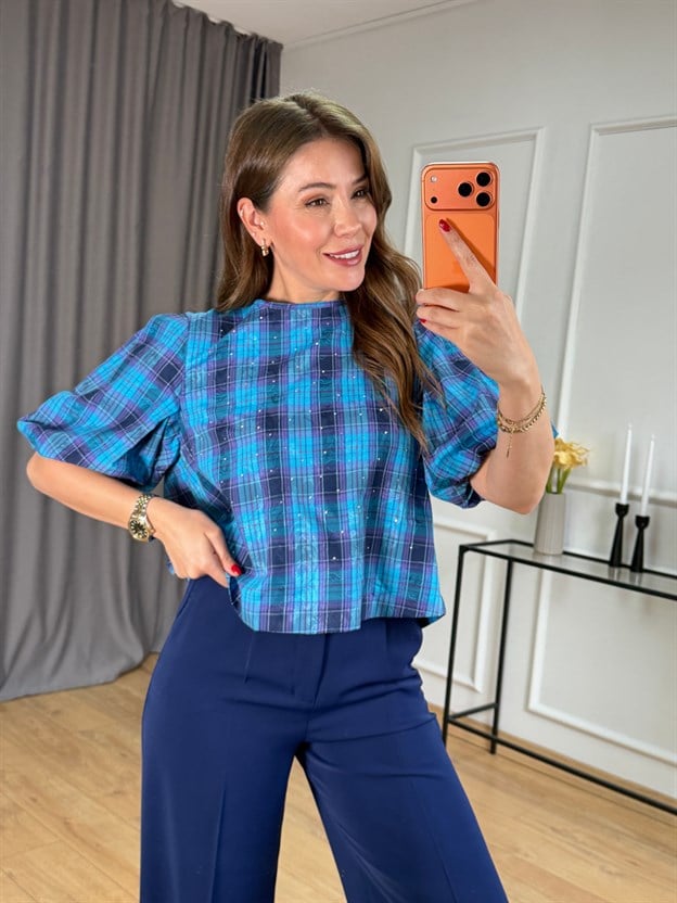 Mavi Ekoseli Taşlı Bluz