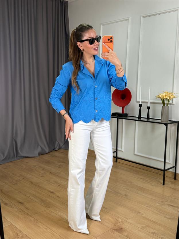 Mavi Etek Ucu Fistolu Gömlek