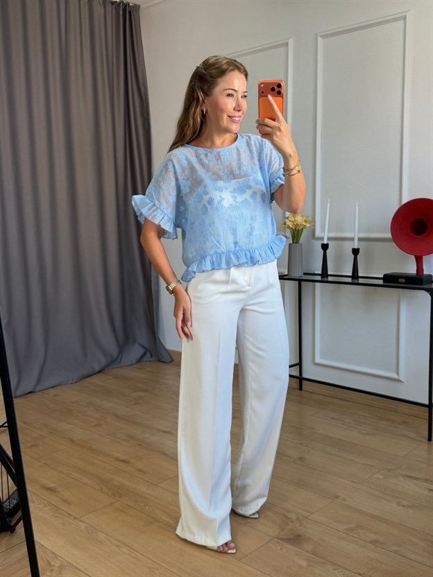 Mavi Fırfır Detay Çiçek Model Bluz