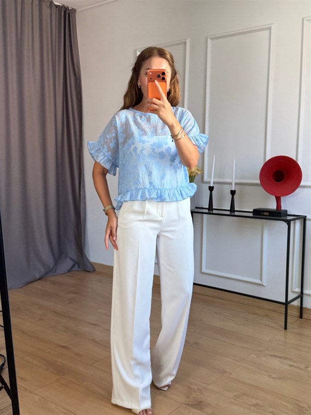 Mavi Fırfır Detay Çiçek Model Bluz