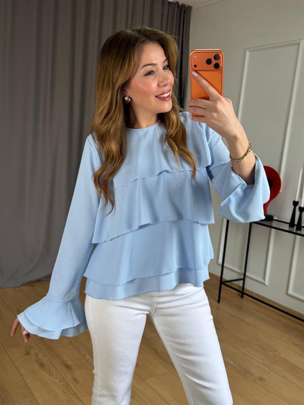 Mavi Kat Kat Volanlı Bluz