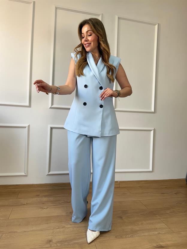 Mavi Siyah Düğmeli Yelekli Takım 