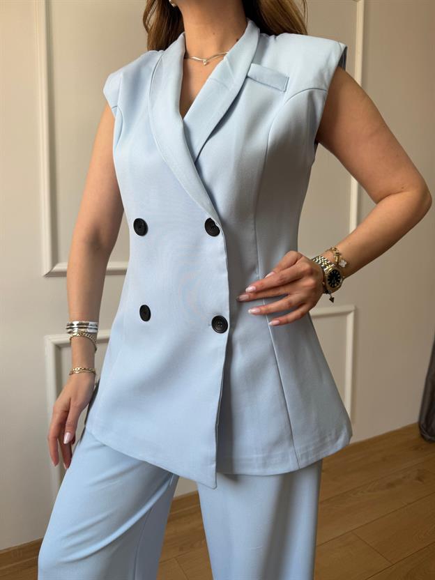Mavi Siyah Düğmeli Yelekli Takım 