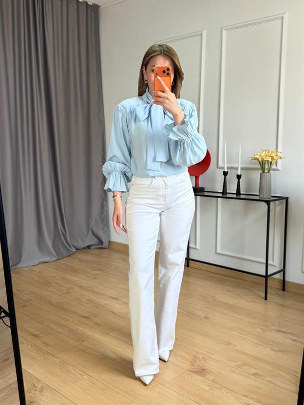 Mavi Yaka Bağlamalı Bluz