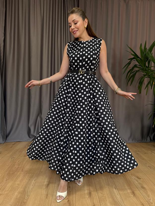 Maxi Siyah Puantiyeli Elbise