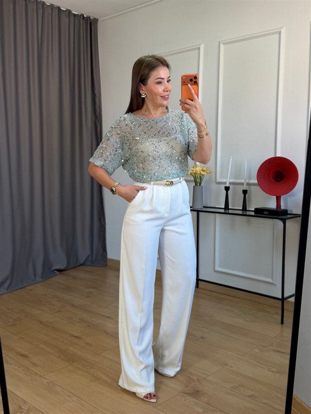 Mint Yeşili Pullu File Bluz
