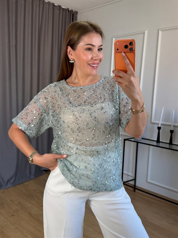 Mint Yeşili Pullu File Bluz